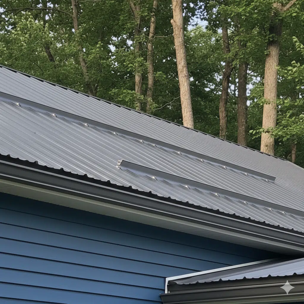 Metal roof with installed snow guard system on a residential home, showing horizontal snow retention bars along the roof slope with trees in the background.