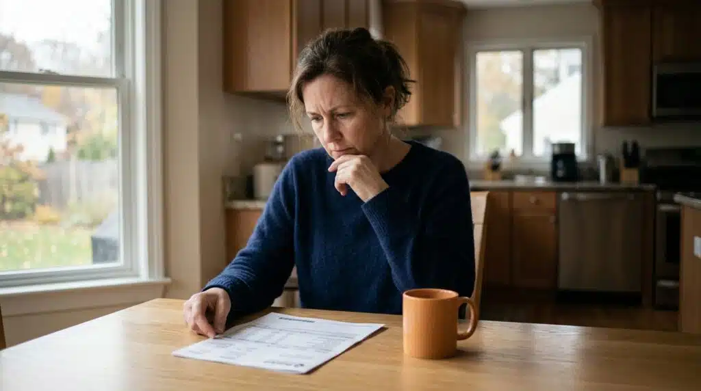 Connecticut homeowner reviewing electric bill at kitchen table with concerned expression